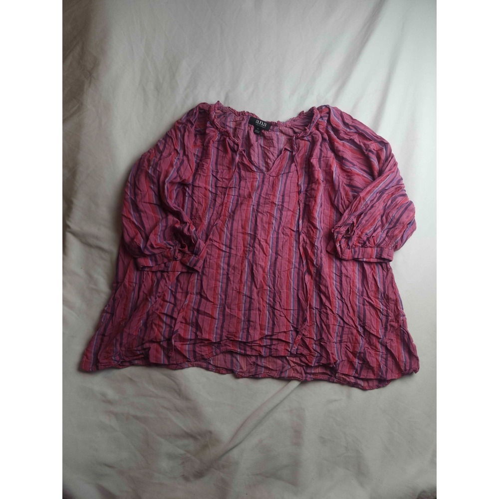 ANA A New Approach Blouse Womens Size XL Pink Woven Striped Peasant Bohemian